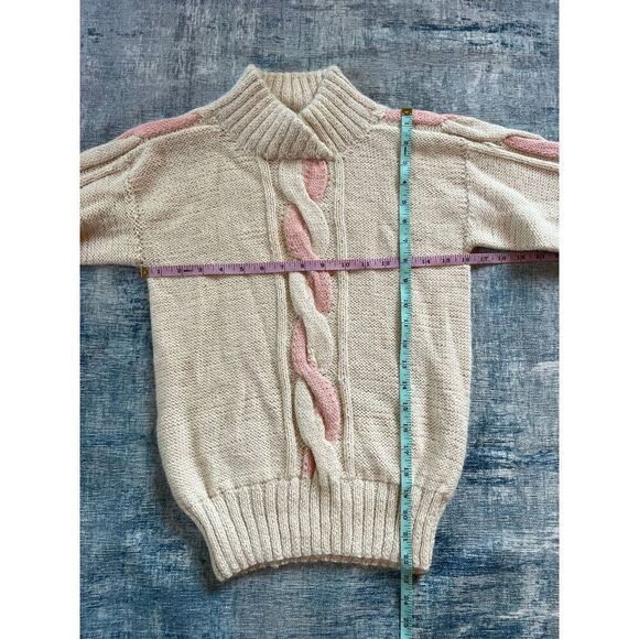 Vintage Nordstrom Cream Pink High Neck Cable Knit 100% Alpaca Wool Sweater Small - Picture 8 of 10